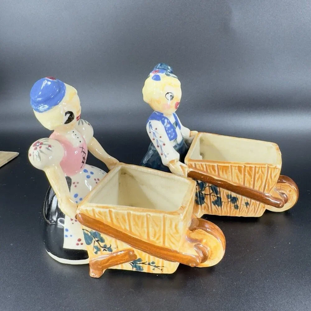 Vintage Pioneer MDSE Co Hand Painted Wheel Barrel Planter‎ Set 2 Man Woman Japan